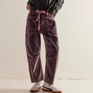 Free People Velvet Cropped Cargo Pants in Plum with Pink Belt